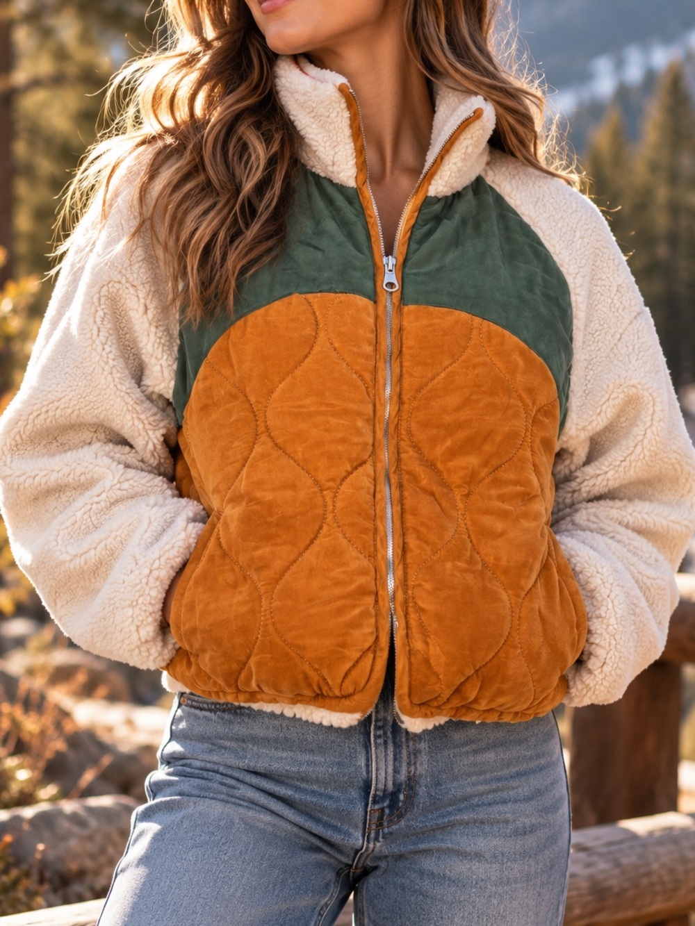 BlankNYC Colorblock Sherpa & Quilted Puffer Jacket Mustard Green Size M